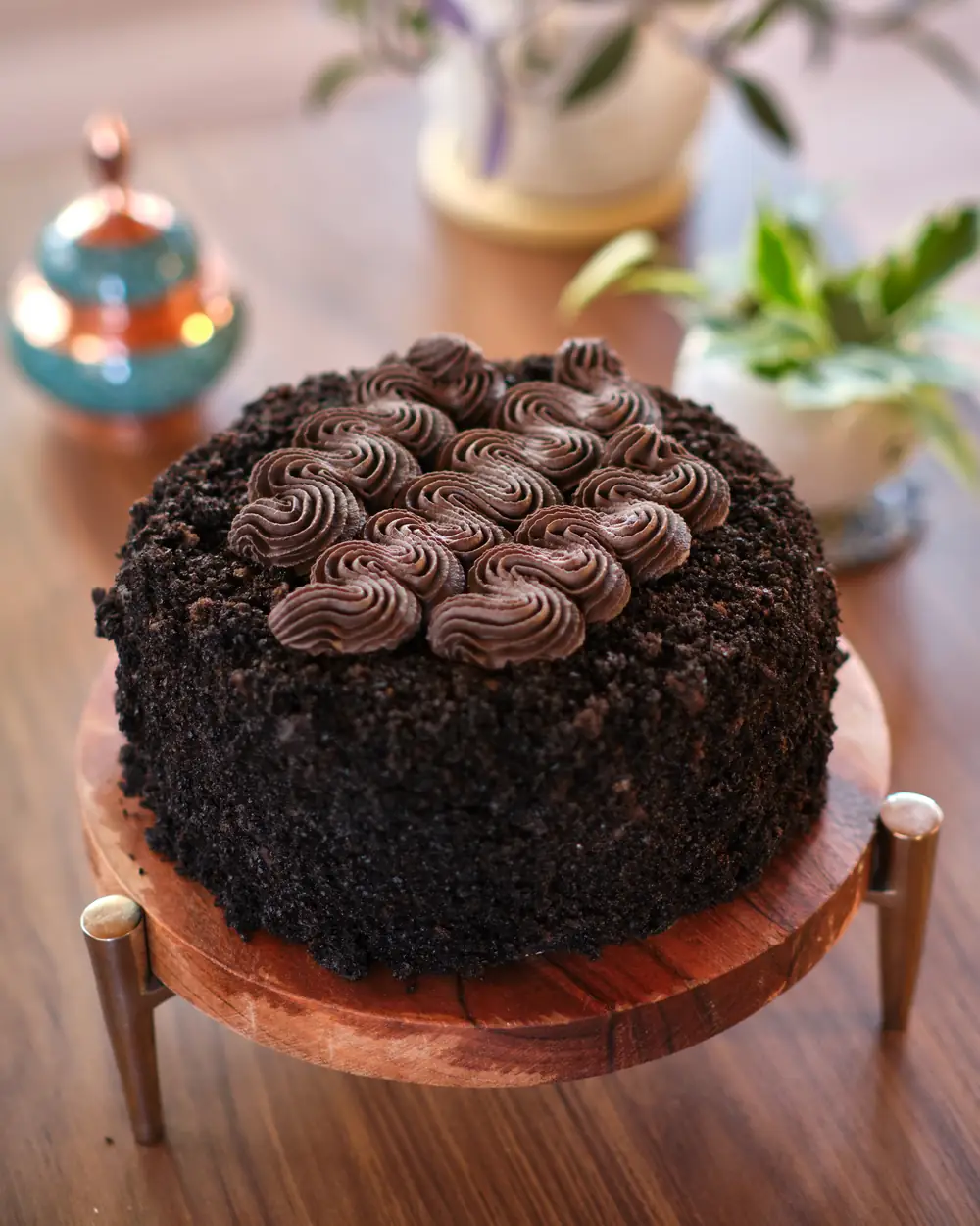 Double chocolate cake covered in chocolate crumb with piped rosettes on top