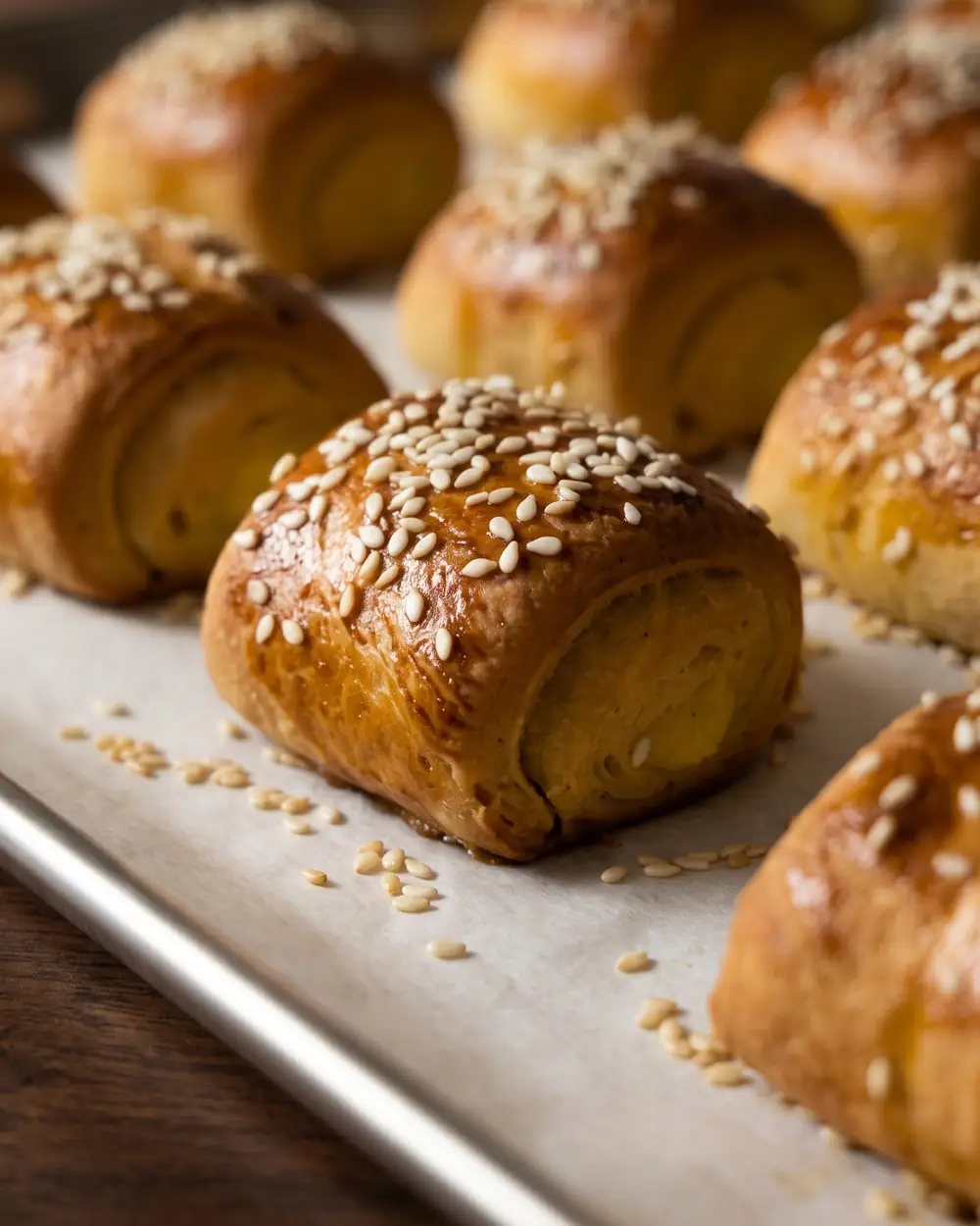 Close view of a glossy rolled Danish pastry topped with sesame seeds