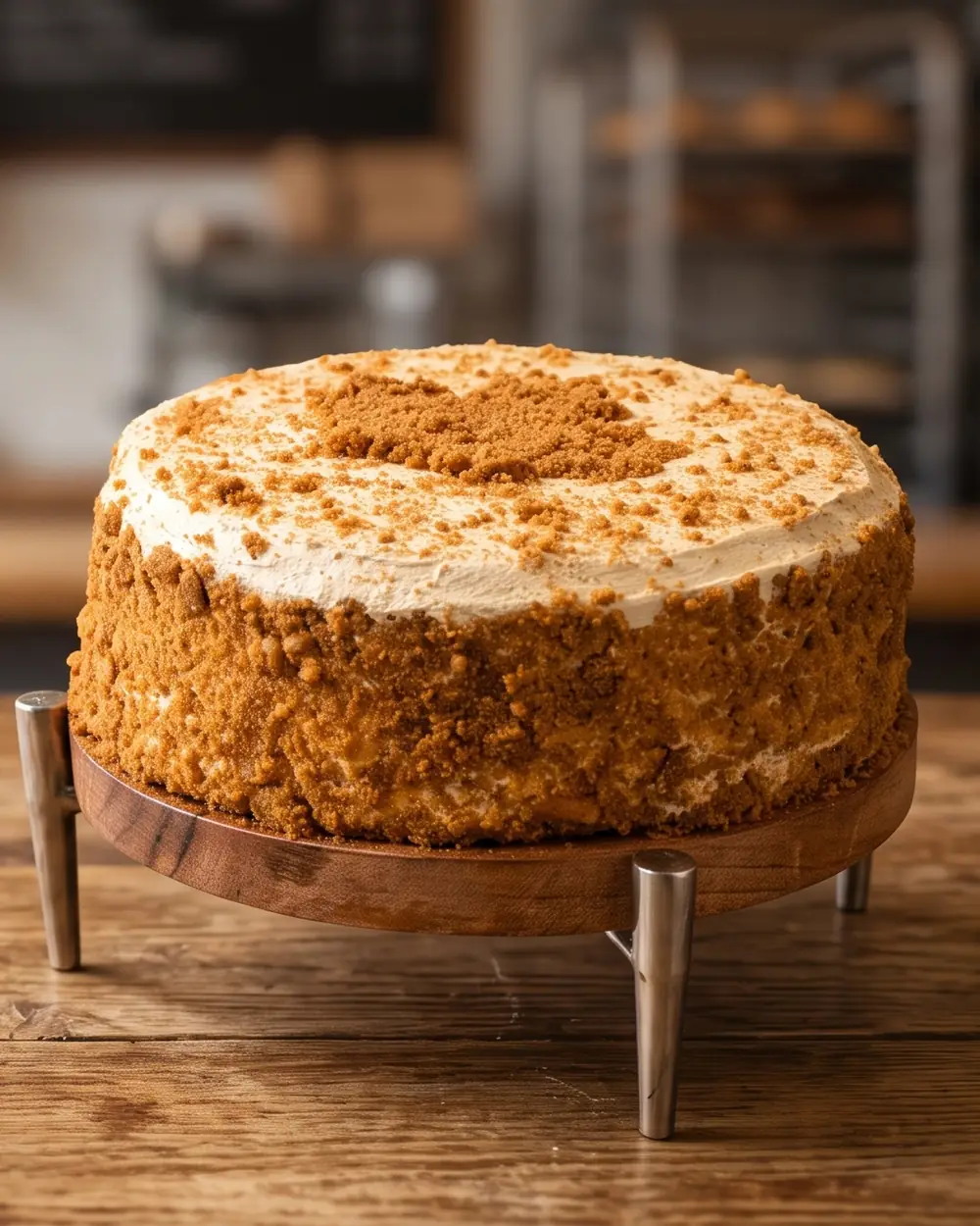 Whole honey cake coated in honey crumbs, on a wooden cake stand