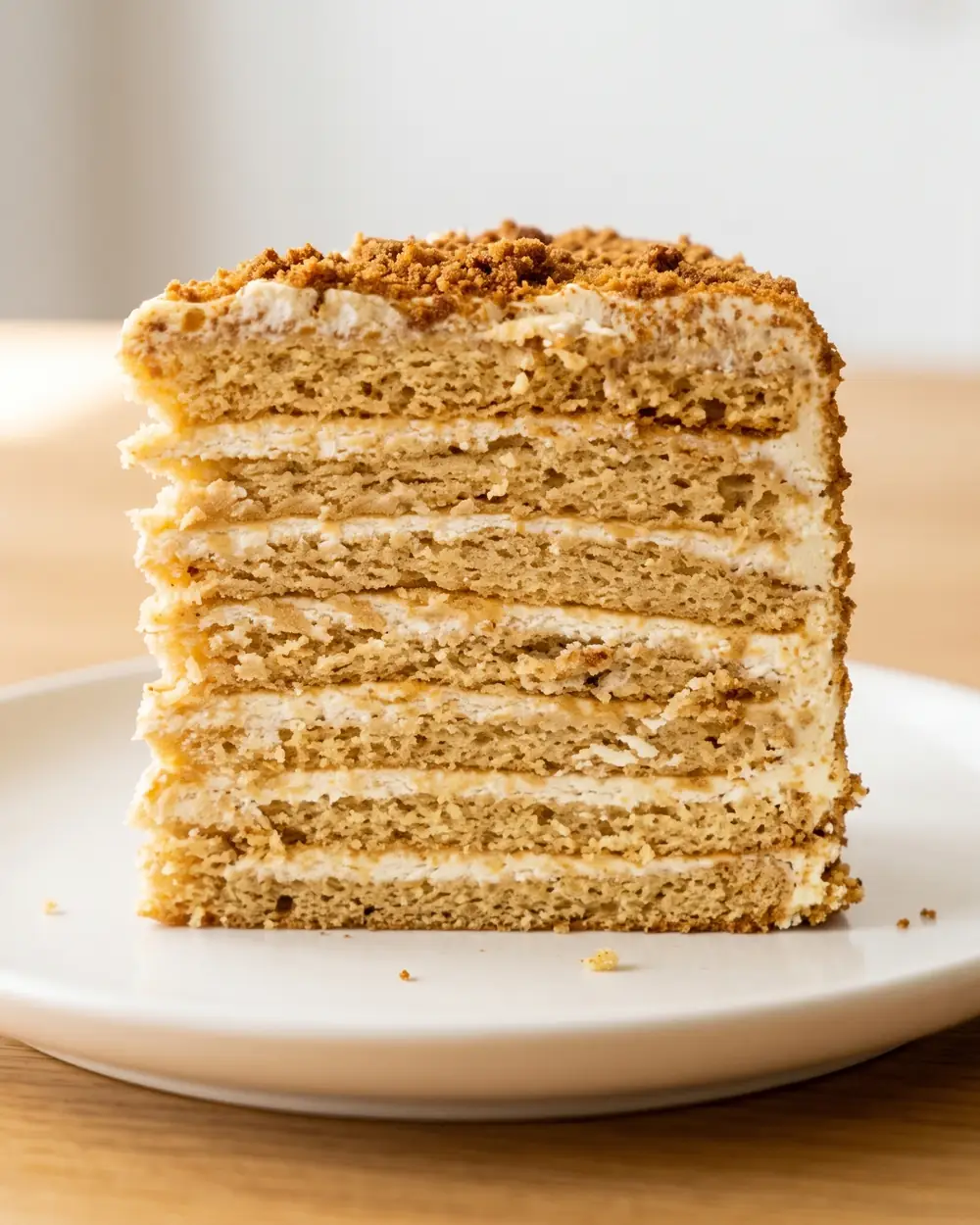 A slice of seven-layer honey cake on a white plate