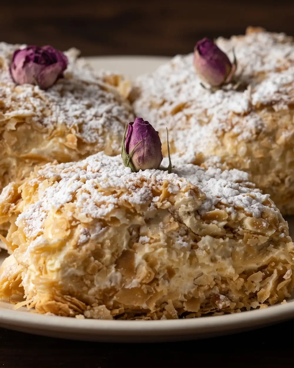 Three Napoleon pastry squares on a cream plate