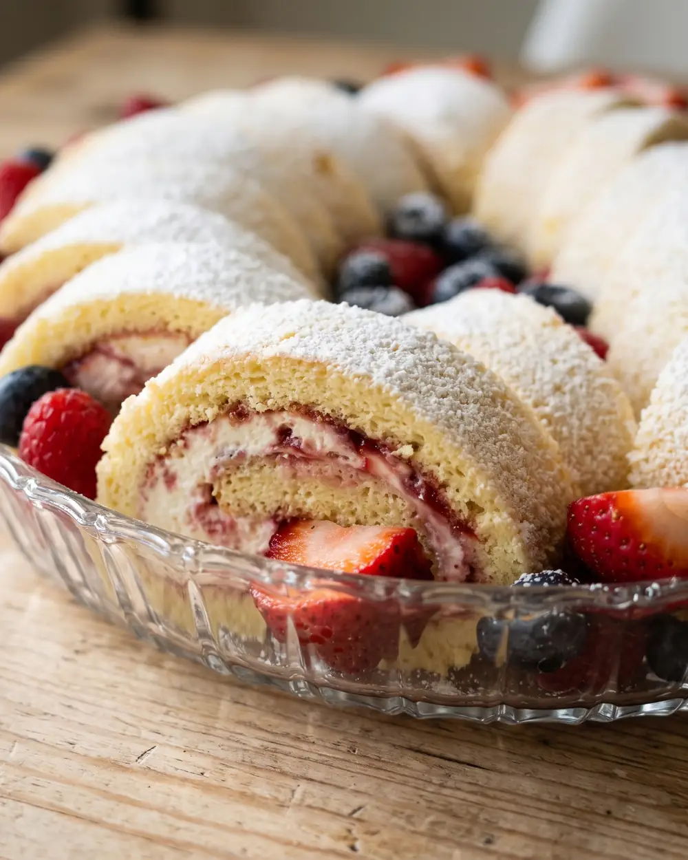 Slices of cream roulette showing the spiral of sponge, cream and jam, with fresh berries