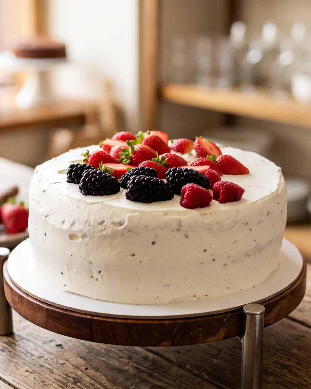 Vanilla strawberry cake on a cake stand in a sunny kitchen